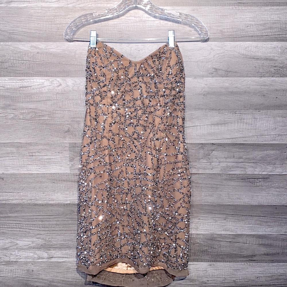 SCALA silk strapless sequin beaded cocktail dress